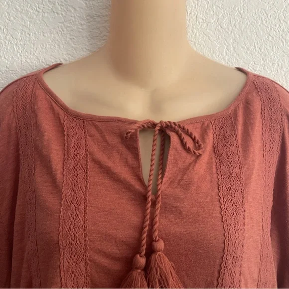 Lucky Brand Peasant Boho Rust Long Sleeve Eyelet MEDIUM Casual Tassel - Picture 3 of 10